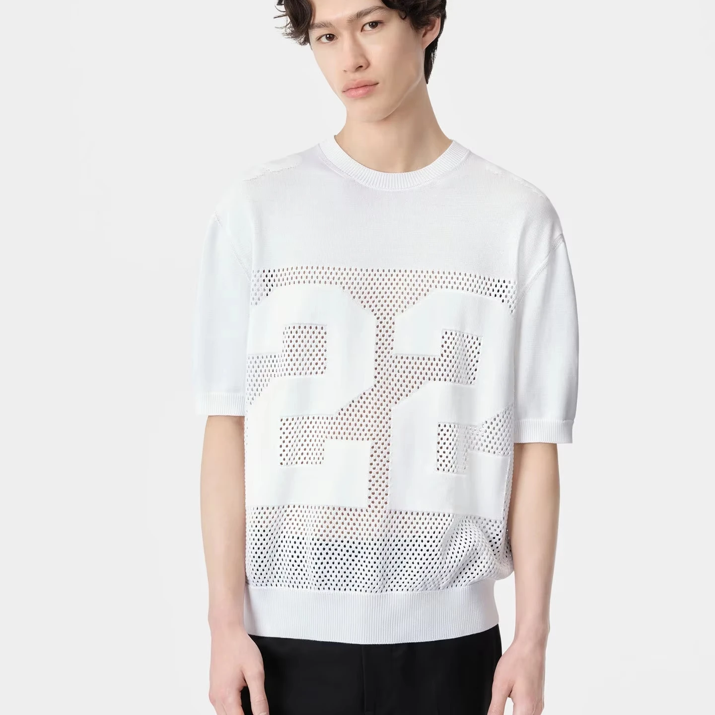 Custom Design Logo Summer Short Sleeve Men Mesh Hollow Out Jerseys Knitted T-shirt Crochet Shirt Mesh Knitwear