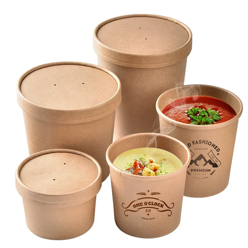 Manufacturer custom logo OEM disposable brown packaging with lid for noodle rice hot food salad soup black kraft paper bowl