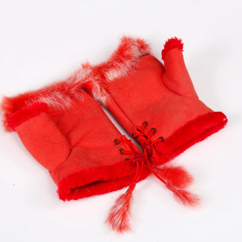 real Fingerless rabbit hair gloves winter warm indoor ladies half-finger gloves