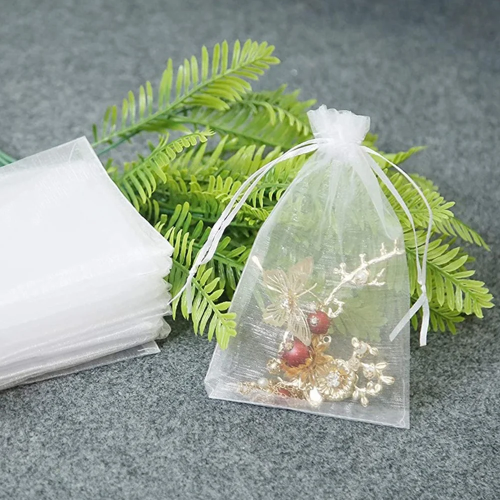 Silver Drawstring Organza Gift Pouch Custom Organza Packaging Bag With Printed Ribbon gift Jewelry bag