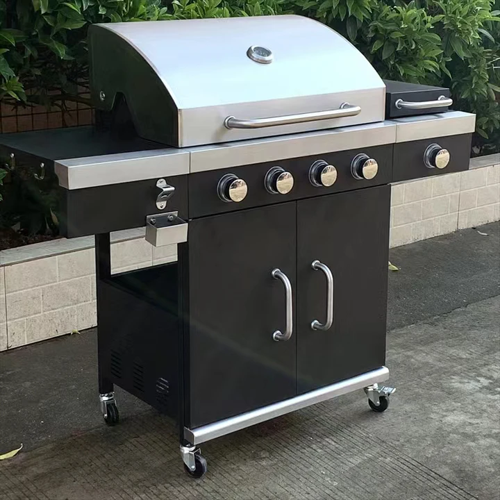 Stainless Steel 4-Burner Cart Style Perfect Patio Garden Picnic Backyard Barbecue Grill with Side Tables Gas Grill