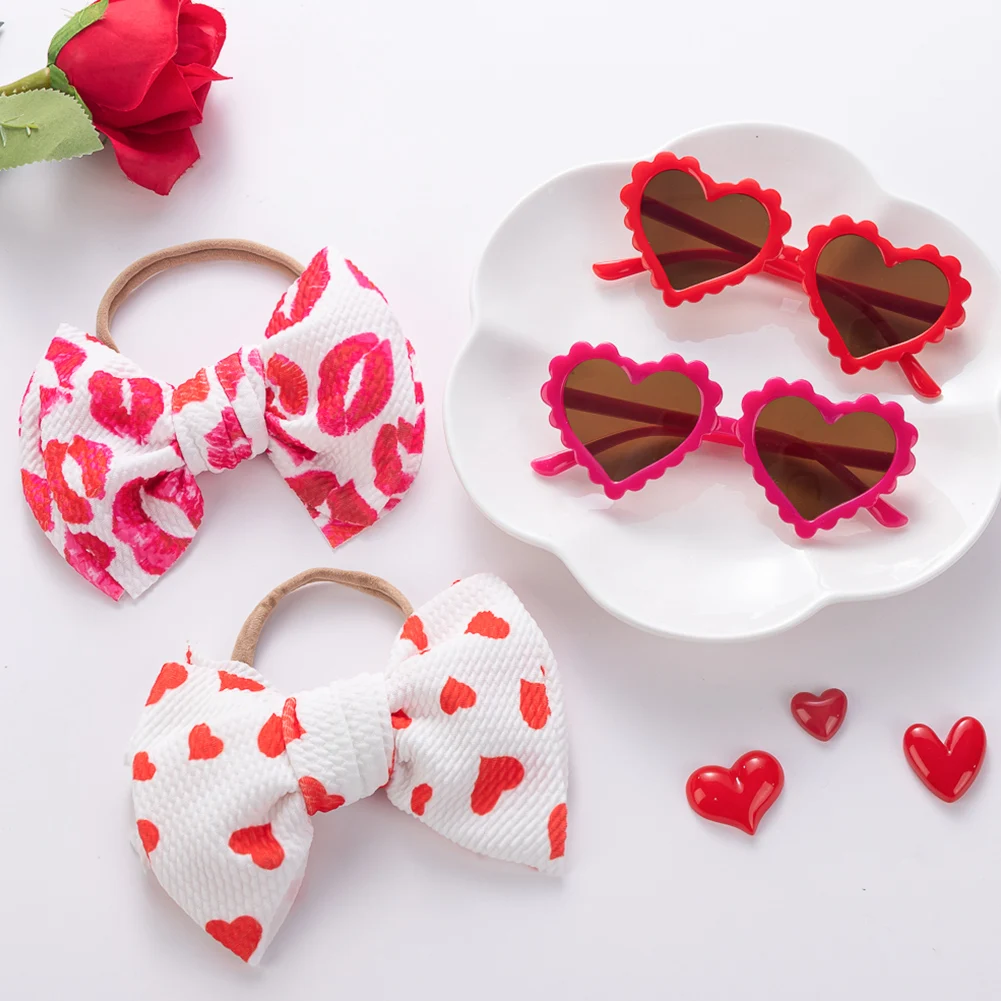 Summer 2Pcs Heart Shape Red Baby Sunglasses with Big Hair Bows Swiss Dots Nylon Headband Set Retro Sun Glasses