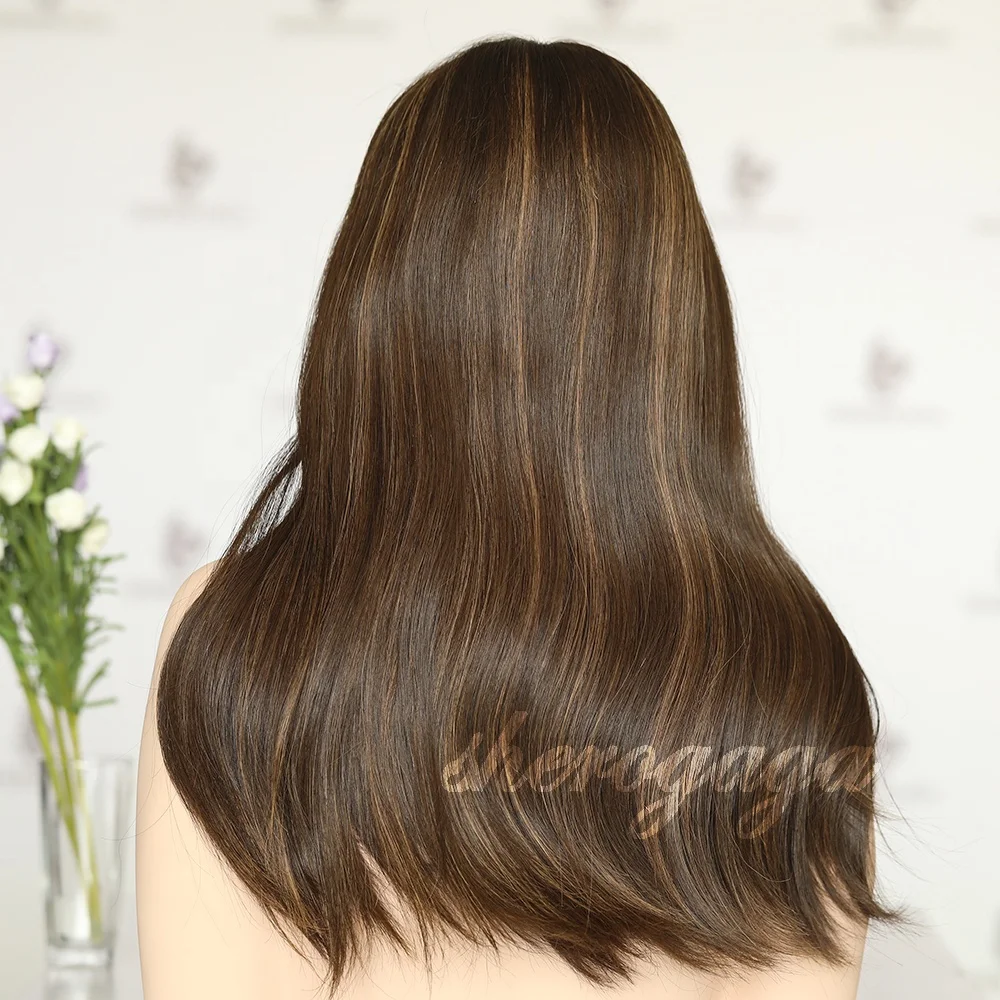Factory Wholesale Top Quality Human Hair Lace Top Jewish Wig Medium Brown Balayage Jewish Kosher Wigs