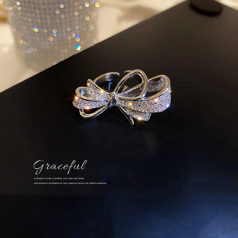 Japan and South Korea fashion set diamond bow opening ring 2021 new minimalist wind ring hand accessories
