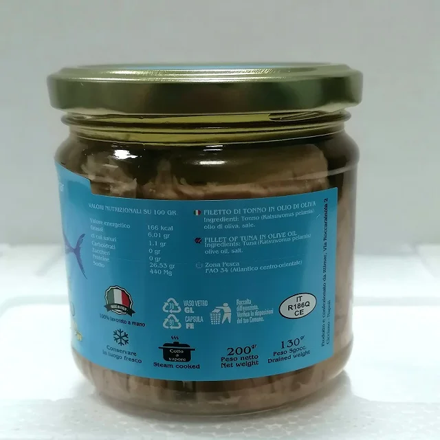 Hot Sale 100% Tuna Fish Fillets in Olive Oil Handmade Salt-Preserved Canned Tuna in Glass Jar Best Preserved Style
