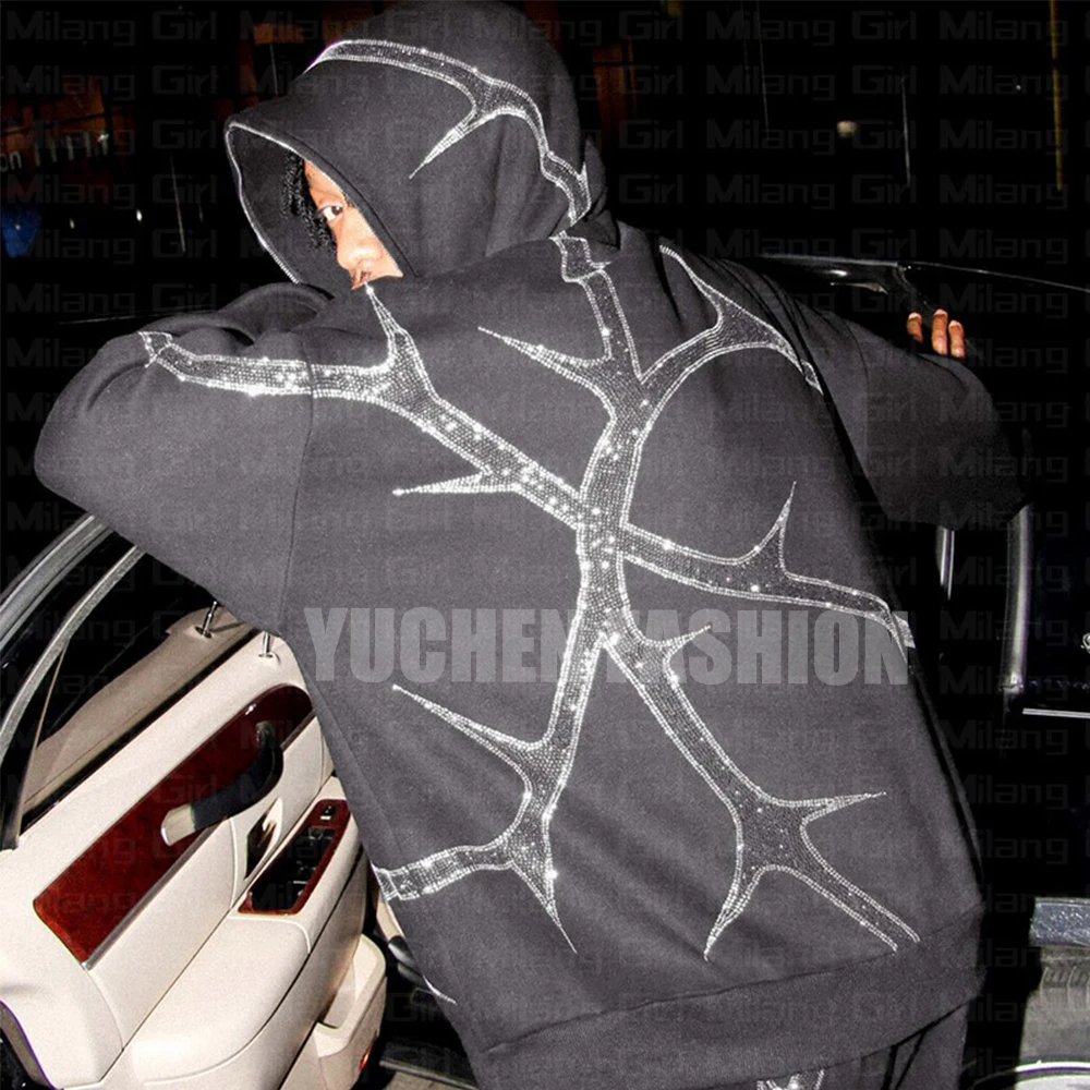 100% Cotton Streetwear Heavy Weight Men Zip Up Rhinestone Hoodie Manufacturer Custom Logo Print Rhinestone Full Zip Up Hoodie