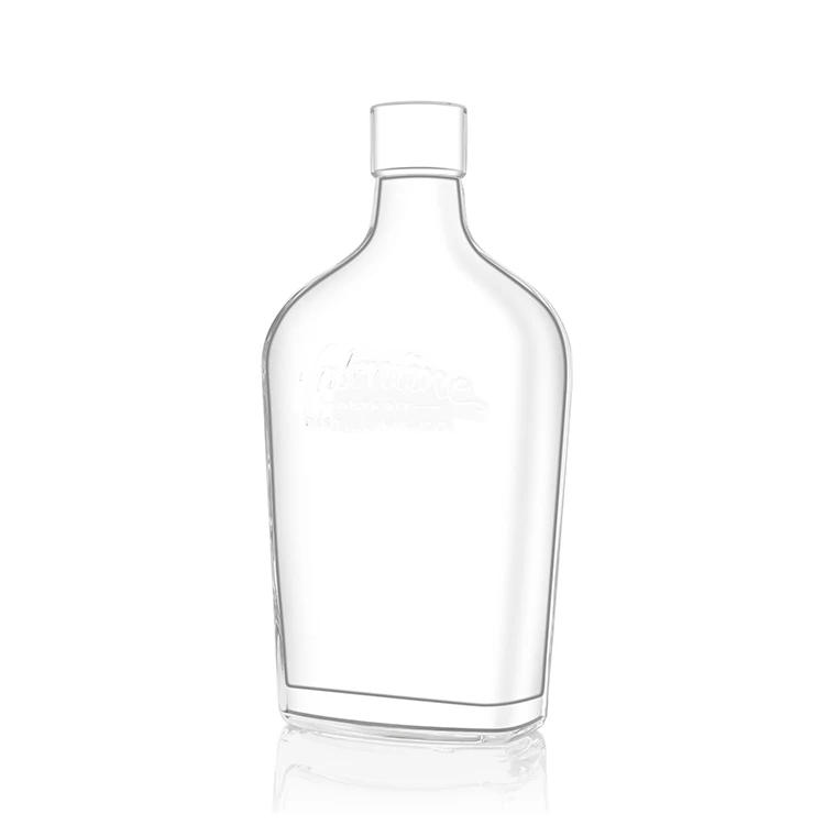Wholesale high quality flat shape transparent glass bottle for brandy XO wine.