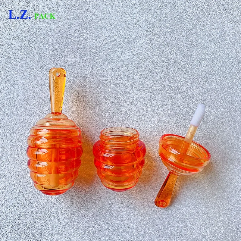 LZ Pack Stock 100pcs Clear Brown Lip Gloss Container Honey Comb Empty Lip Gloss Tubes 5 ml With Keychain