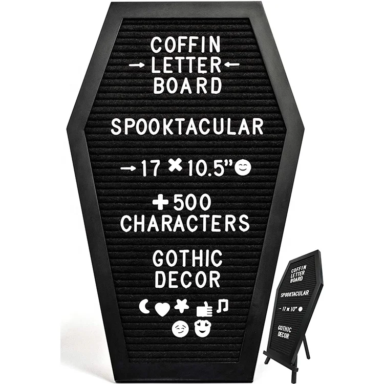Black Felt Coffin Letter  Message Board for Halloween Decorations 17x10.5, 500 White Changeable Characters, Wooden Stand