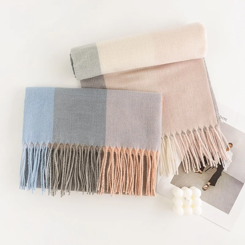 Wholesale Warm Winter Soft Loop Headwrap Shawl Long Style Hijab Tassels Plaid Custom Artificial Cashmere Printed Scarf for Women