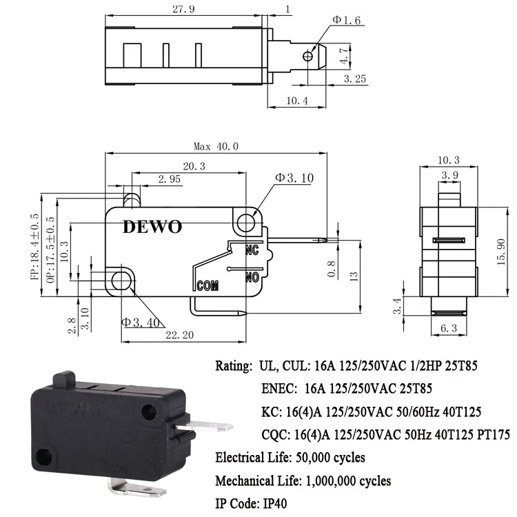China micro switch supplier 2 pins 16a 250vac 40t125 PBT material micro switch for dishwasher