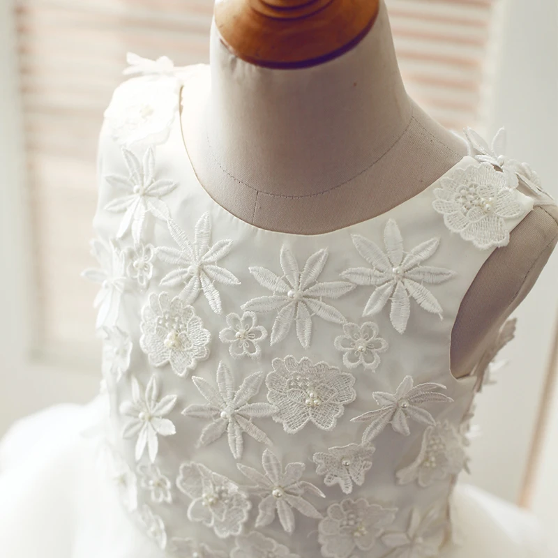 Cheap Quality White 3D Flower Puffy Kids Dress Lace Flower Girl Dress for Wedding