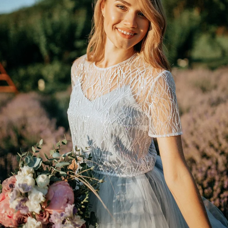 Custom Simple Blue Two Piece Set Lace Wedding Bridal Ball Gown Birthday Party Dress for Plus Size Women Prom Evening Dresses