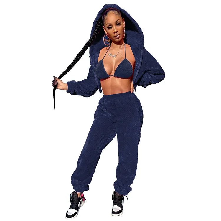 High quality women winter clothes plush Bra jacket high waist pants jogger sweatsuit sweatpants women sweat suit set