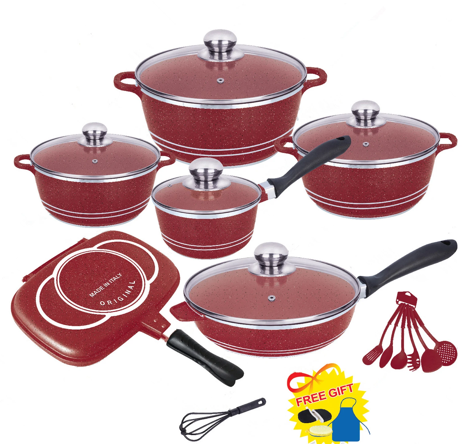 Dessini 23pcs Non Stick Cast Aluminium Pots Sets Cooking Cookware Set Pots and Pans with Glass Lid