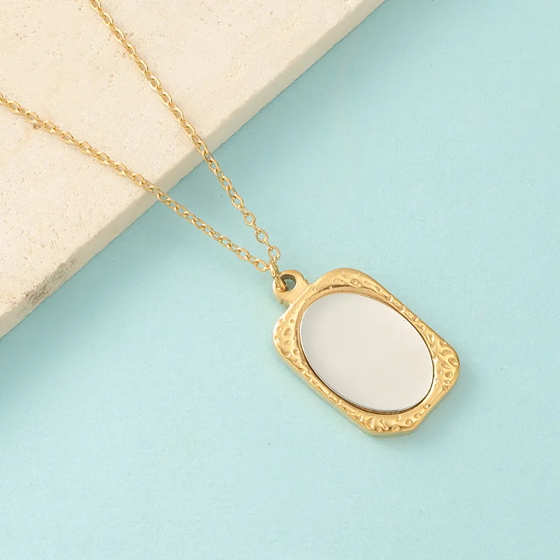 Stainless Steel Engraved Custom Mirror Surface Photo Frame Necklace Vintage Jewelry Square Mirror Surface Pendant Necklace