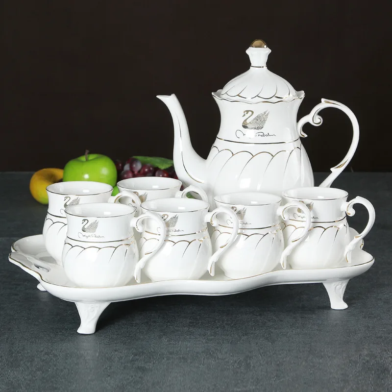 Nordic Gold-rimmed Ceramic Cup Set Teapot with Tray