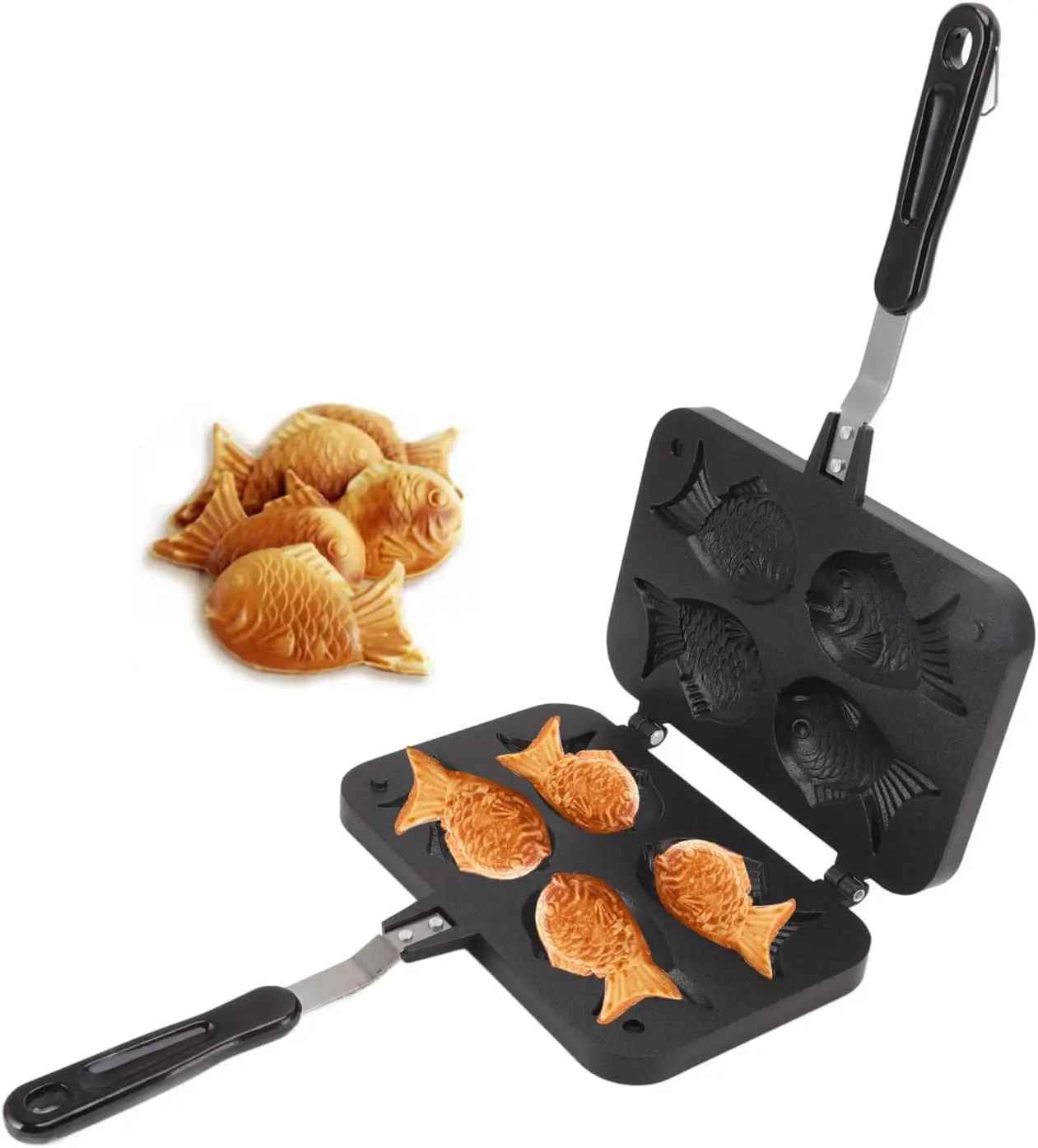 Taiyaki Fish Shaped Cake Mould 4 Trays Non-stick Japanese Waffle Cake Mold with Anti Scalding Handle
