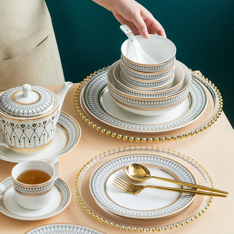 Nordic Style Luxury Ceramic Dinnerware Set Wedding Western Small Plate and Cup Soup and Coffee Utensil Dishwasher Safe