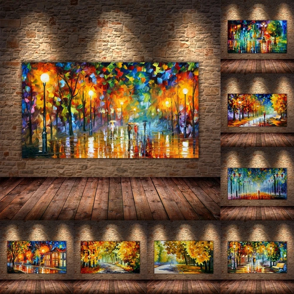 Lover Rain Street Tree Lamp Knife Scenery Oil Painting On Canvas Wall Art Painting For Living Room Home Decor