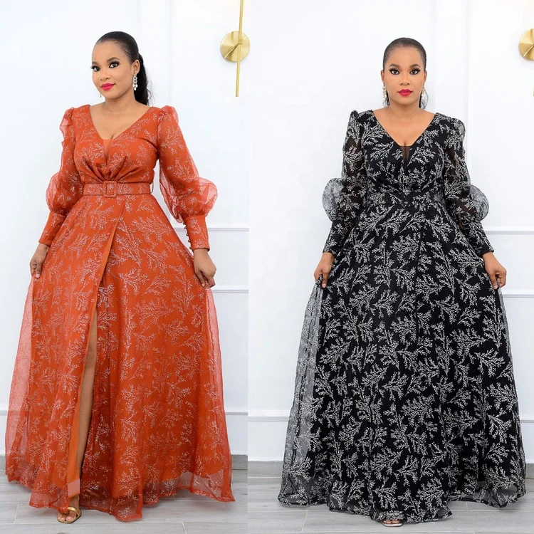 Wholesale plus size printed plus size women temperament commuter mesh sleeve high waist long skirt chiffon dress with belt