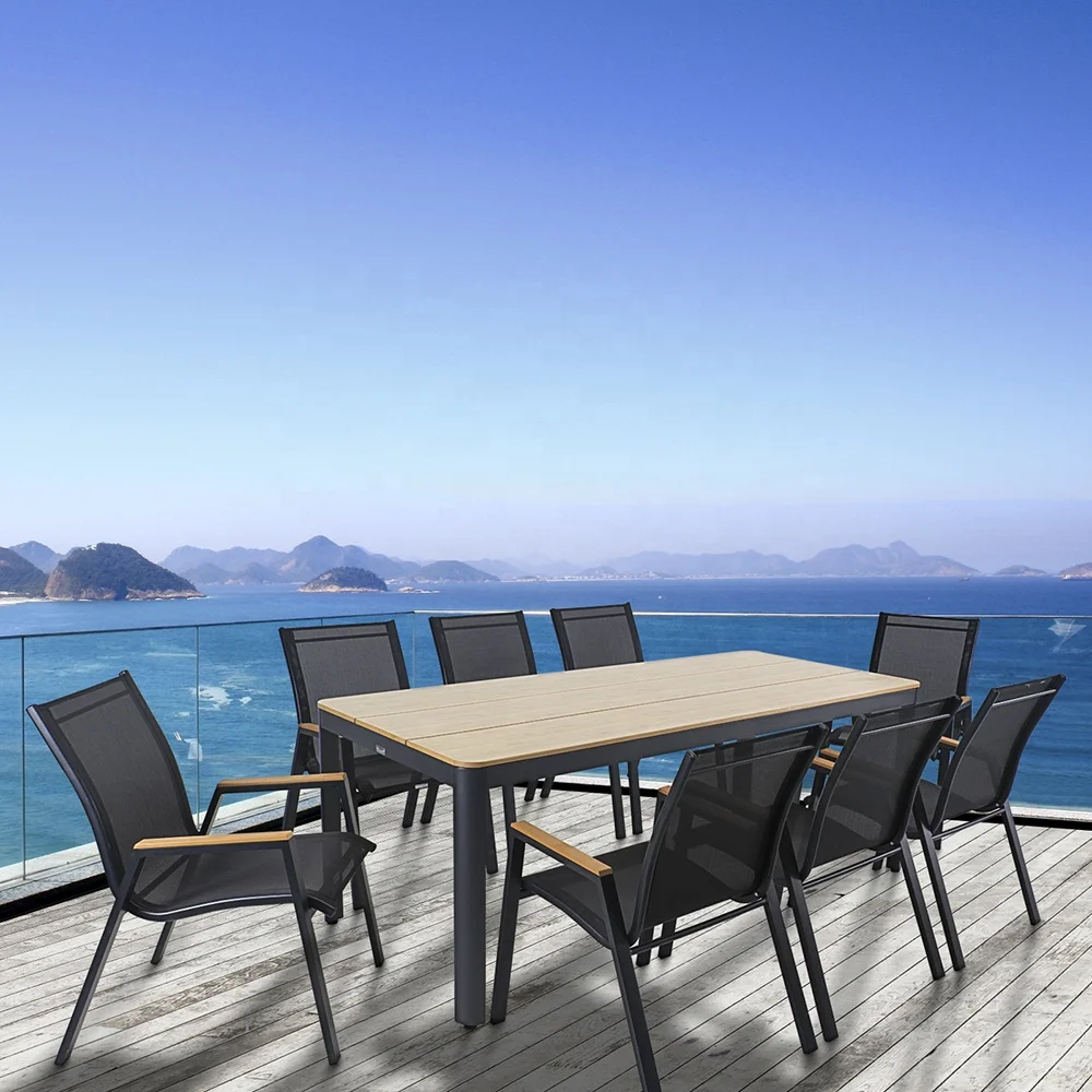 Alu Frame Plastic Wood Teslin Fabric Material Fashion Outdoor 9pcs Dining Set with 1 Table 8 Stackable Chairs