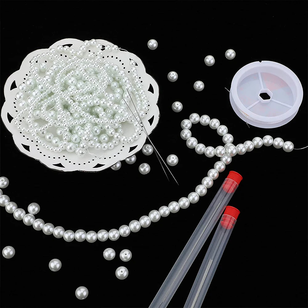 
Handcrafted Bright White Imitated Pearl Beads Set With Stretchy Crystal Cord 4 Pieces Beading Needles for DIY Jewelry Making 