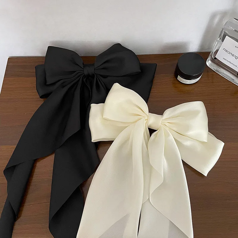 Top Custom logo Luxury Silk Satin Bow Duck Hairpins Accessories Girls Women Elegant Black Bowknot Hairgrips Long Bow Hair Clips