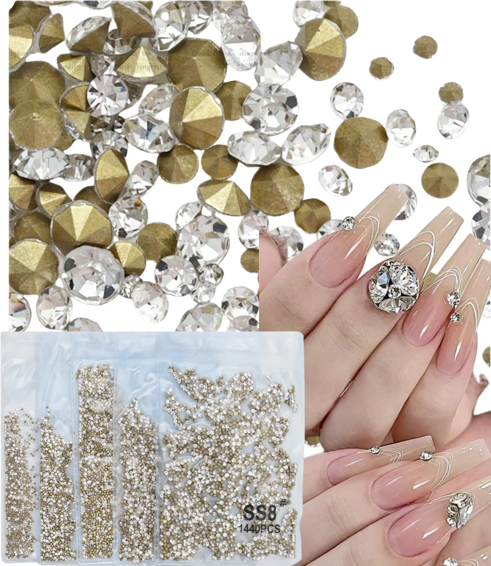 Hot 1440pcs SS3-SS20 Pointed Gold Bottom Crystal Clear Diamonds 3D Stones Nail Art Decorations Nails Shiny Glitter Point Stone