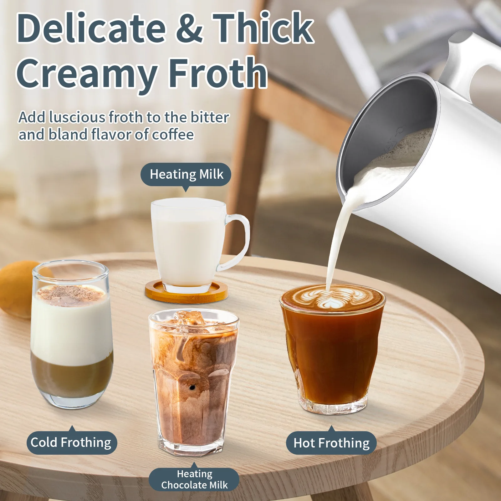 Multifunctional Electric Milk Frother Coffee Foam Latte Maker Household Stirrer Heating Kettle Device with Large Capacity Handle