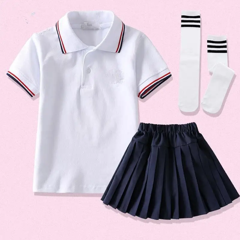 Custom navy pleat girls school uniform skirt and white shirt spring primary school student uniform kids
