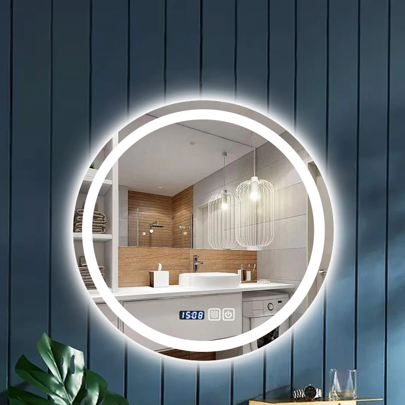 Screen Touch Control Bathroom Mirror LED Lighted Anti-fog Explosion-proof Round Mirror for Hotel Home adjustable light