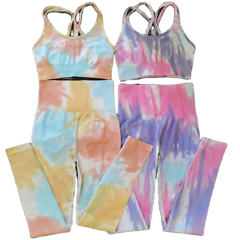 Womens Gym Workout Set Tie Dyed Seamless Leggings Set