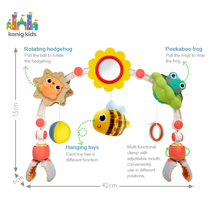 Konig Kids Baby Play Arch Stroller Crib Accessory Animmal Toy Activity Bar With Rattle Squeak Teethers Crib Mobile