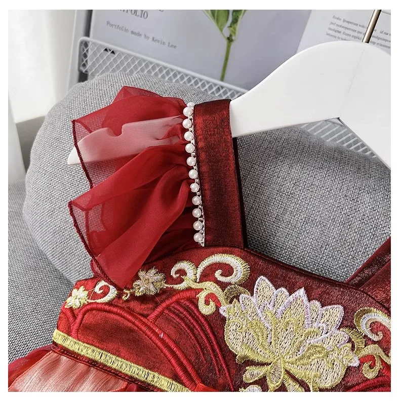 2024 Red EMB Floral Pattern Chiffon Hanfu Dress for Little Girls Traditional Chinese Pearl Decor Tang Dress for Summer Parties