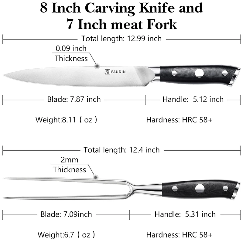 Professional 7 Inch High German Steel With G10 Fiberglass Handle BBQ Meat Fork Kitchen Chef Knife Set
