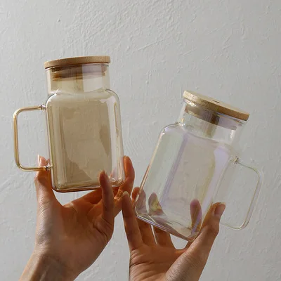 Outdoor Travel Milk Tea Coffee beer glass cup tumbler Heat resistant square glass Beverage soda milk cup with bamboo lid straw