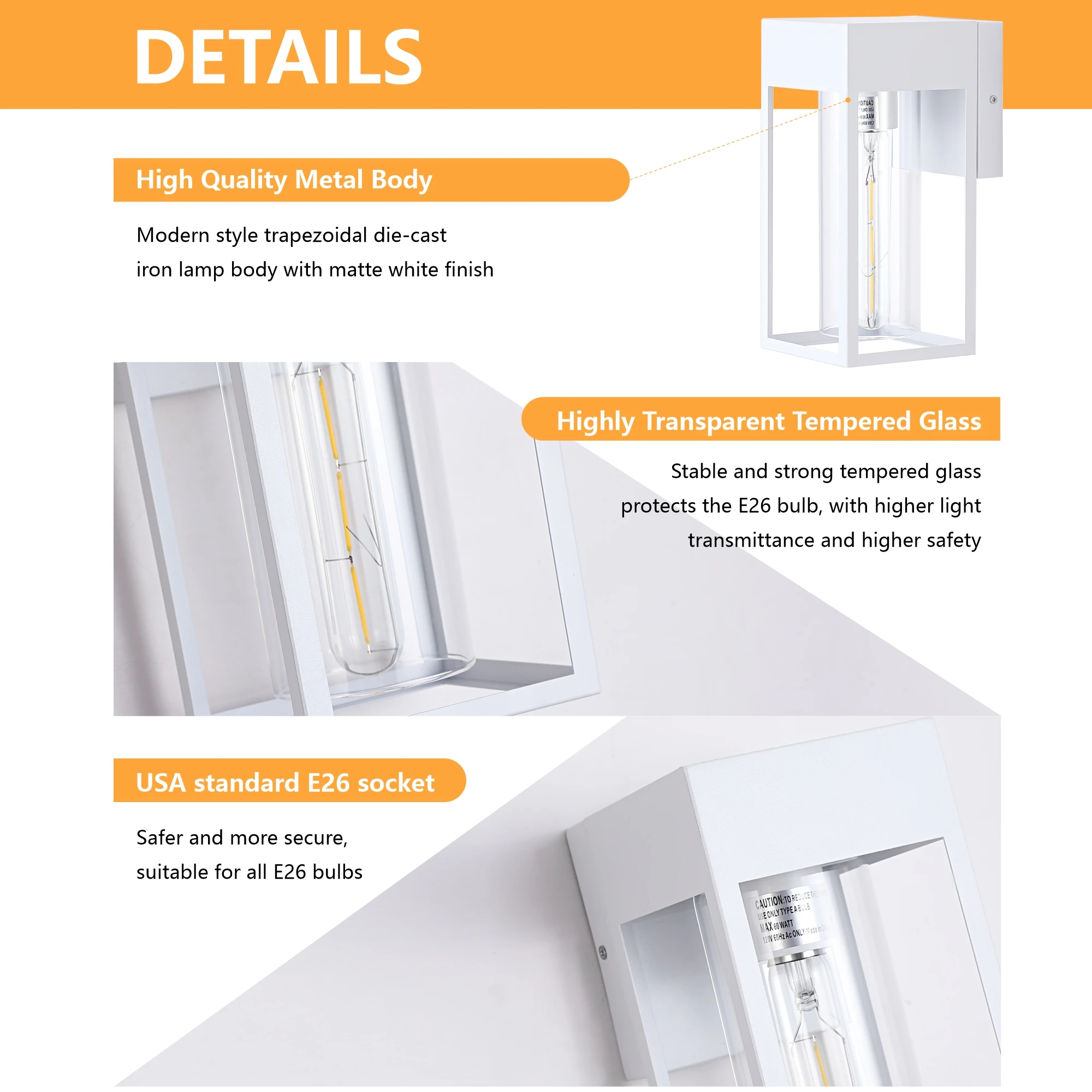Square White E26 Sockets Glass 2 Pack Outdoor Light Wall Lamp Fixture Exterior Mounted Lantern Garden Porch Sconces Lighting