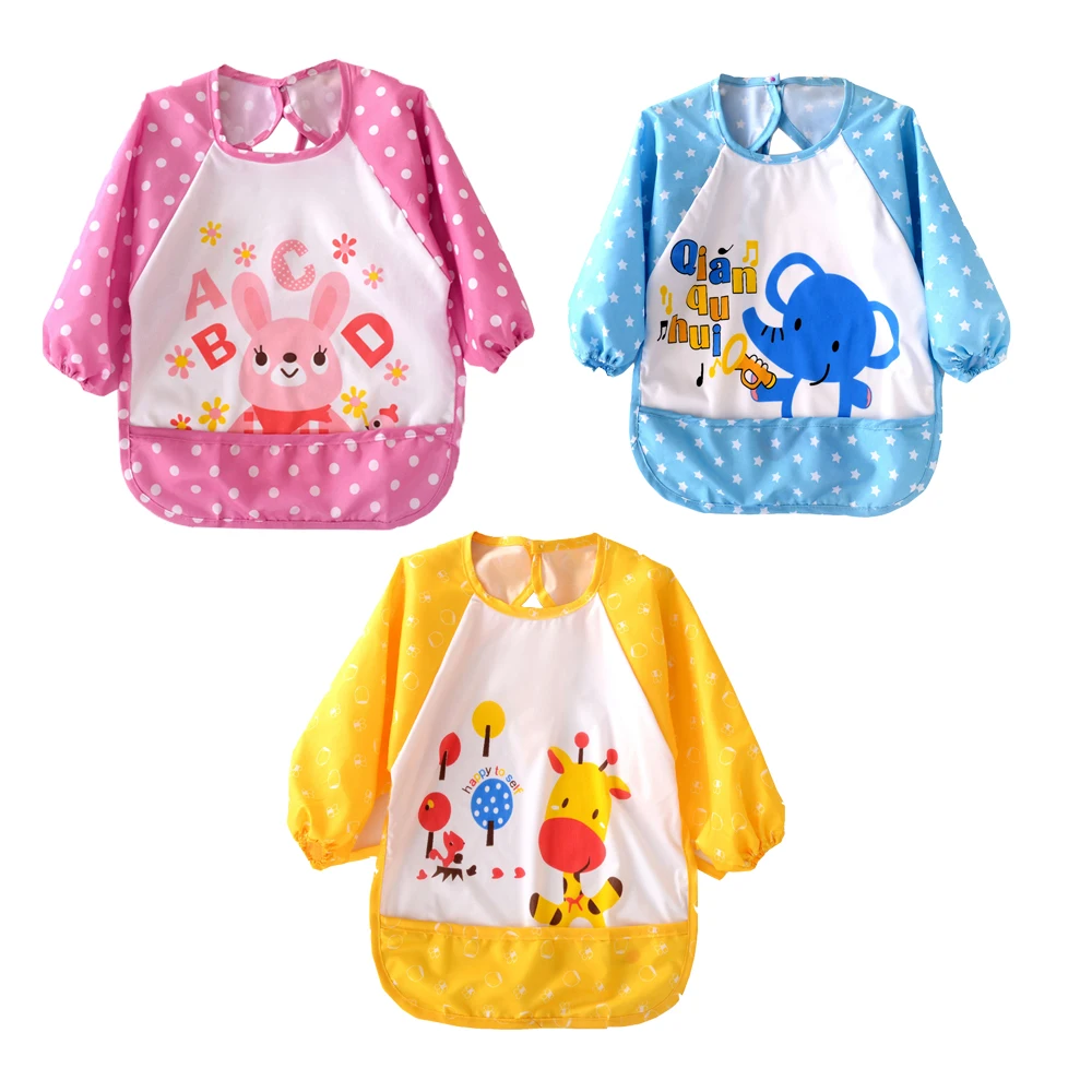 wholesale 0-3 years overall printed tie baby bibs long sleeves waterproof baby messy play apron