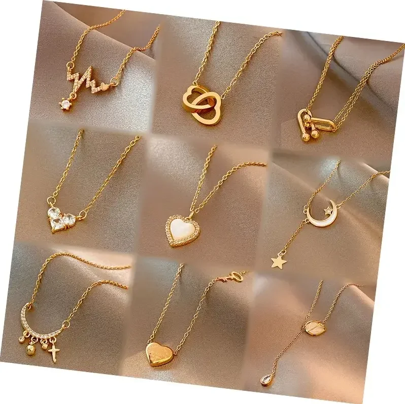 Korean Fashion Stainless Steel Heart Pendant Necklace Gold Plated Zircon Star Moon Stainless Steel Necklaces Jewelry For Women