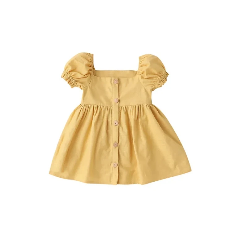 Summer Season Casual Toddler Dress for Little Girl 100% Cotton and Linen Puff Short Sleeve Button down O-Neck Pattern dresses