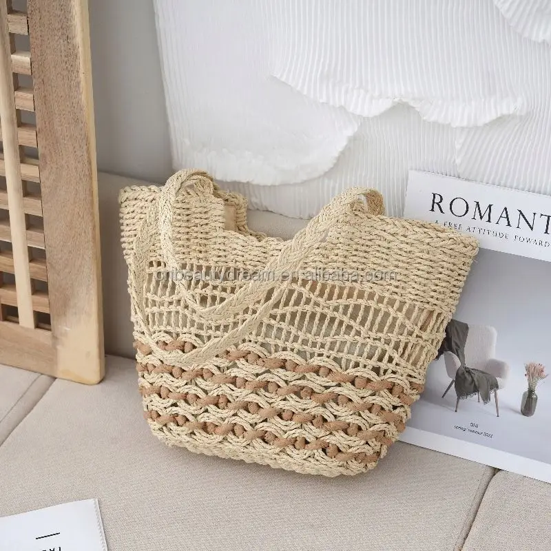 women Luxury Beach Summer Rattan Woven large Straw Tote  Handmade knitting Marocco Shoulder summer beach Bags for vacation