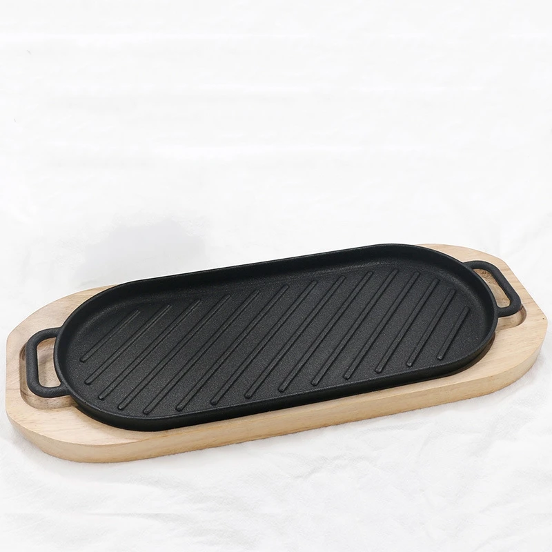 Preseasoned cast iron sizzler platter with wood base Servierpfanne gusseisen steakpfanne grillpfanne for kuche