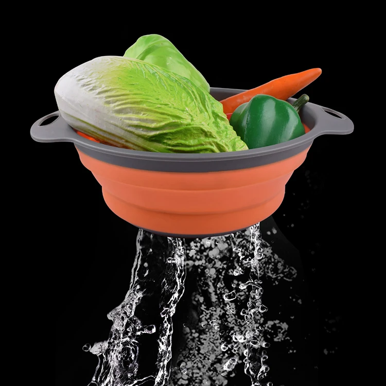 2-Pack Food Grade Round Foldable Silicone Kitchen Strainer Basket Collapsible Colander Set With Handle