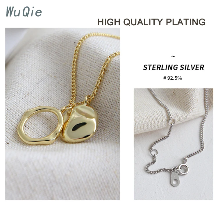 Wuqie S925 Sterling Silver Choker Gold Plated Irregular Round Chain Geometric Ring Pendant Necklace