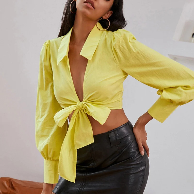 European and American sexy low-cut strap long-sleeve shirt female yellow simple style lapel crop top women blouse
