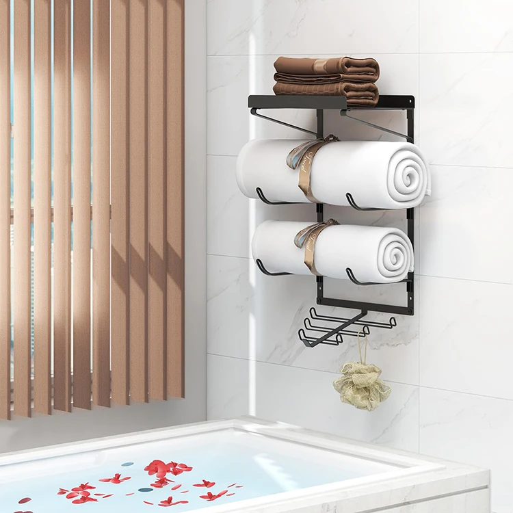 JH-Mech Home Gym Accessories Organizer 2 Tier Yoga Mat Organizer & 6 Hooks With Floating Shelf Yoga Mat Wall Mount Storage Rack