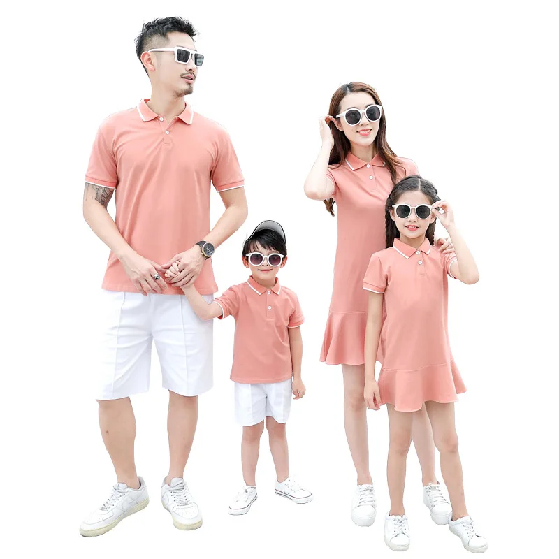 
2019 Summer New Design Solid Color Polo T-shirt Women Dress Family Matching Clothing Set 