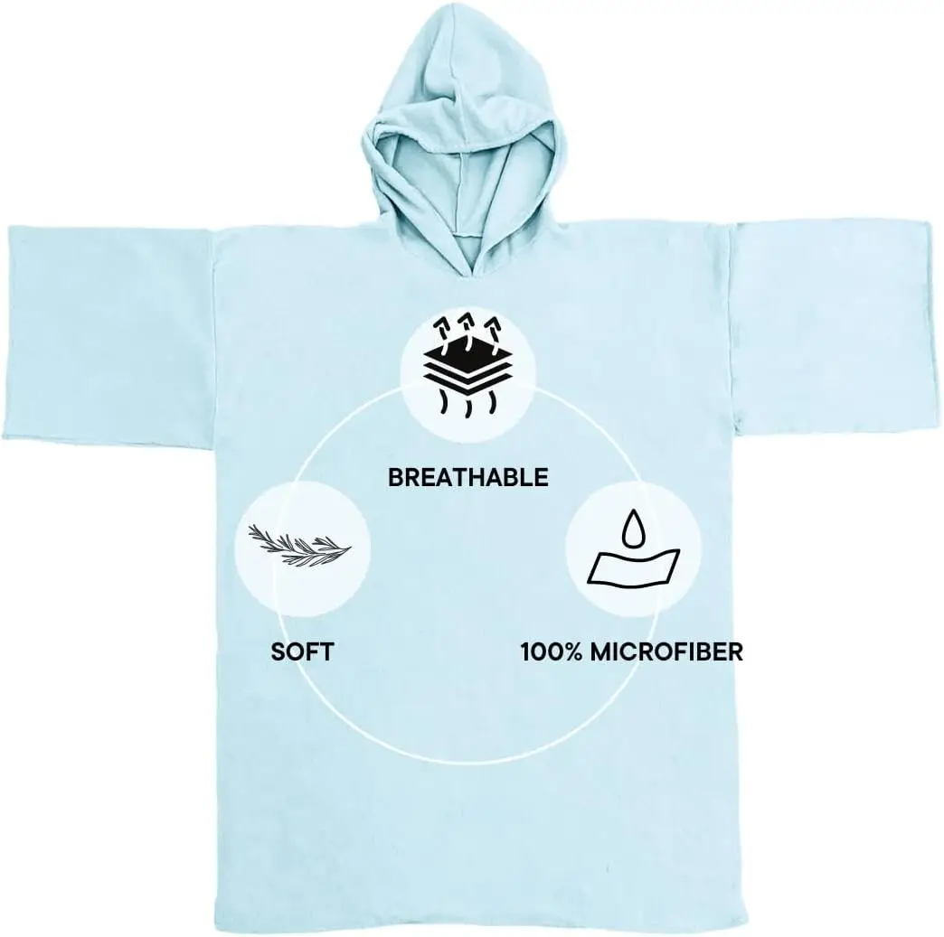 Swim towel Poncho Adult Hooded Large Bath Swim Surf Beach Absorbent Dry Microfiber Changing Robe for Men Boys Quick Dry Sky Blue