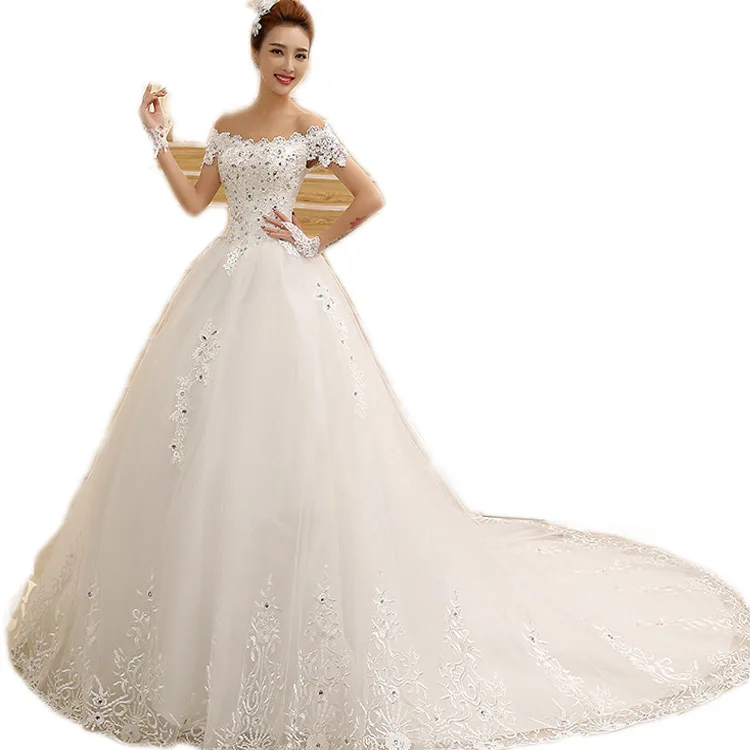 S293F 2021 New Slim One-shoulder Double-shoulder Long Tail Bride Plus Size Female Wedding Dress